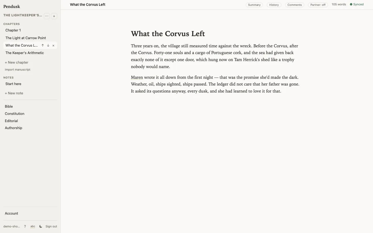 The page is the interface — prose front and center, everything else stays quiet
