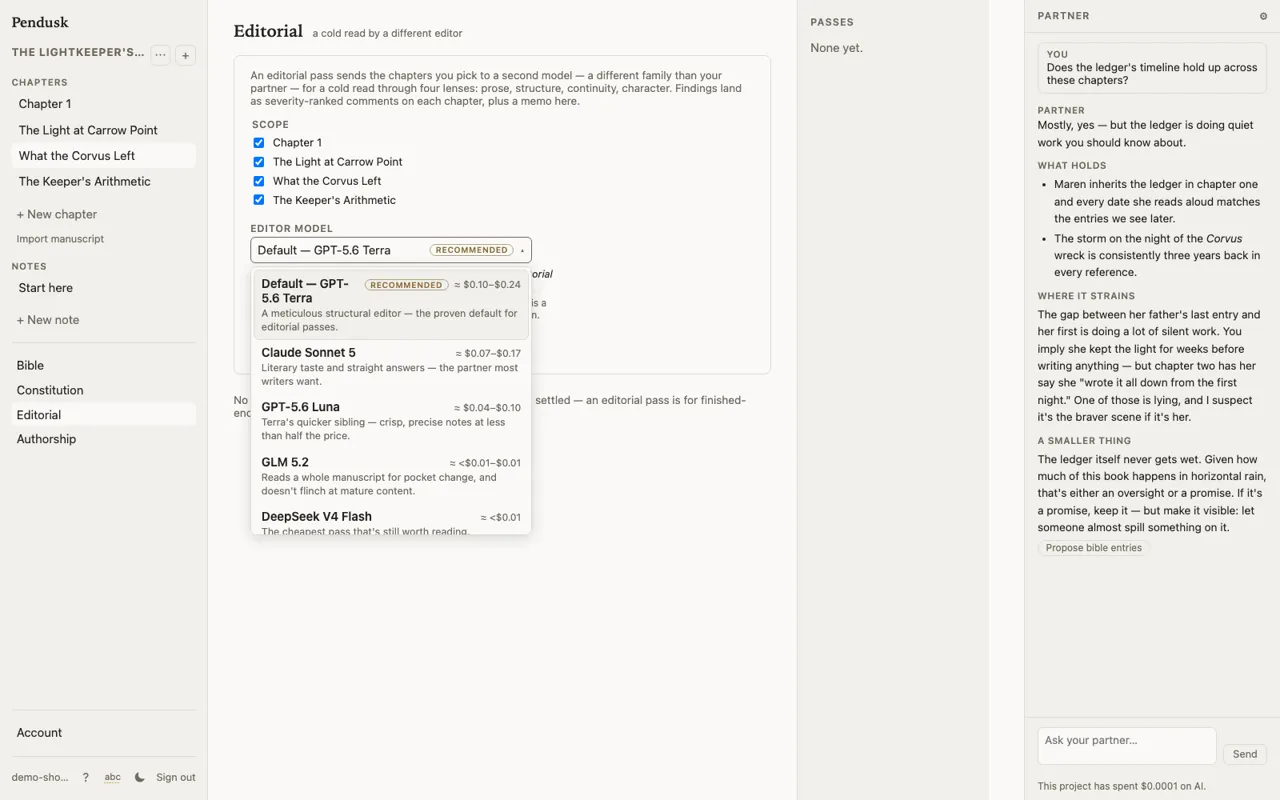 Pick your editor like you'd pick an editor — each model card says what it's good at and what your manuscript would cost