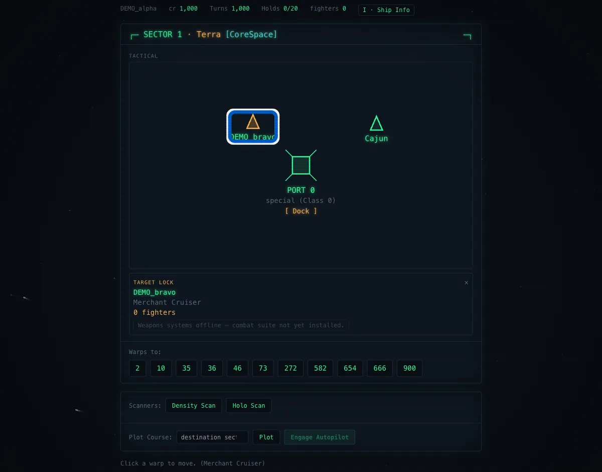 The sector screen — tactical view, warp links, and a target lock on another trader