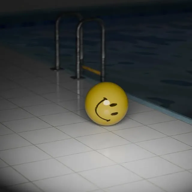 Was watching some gameplay with liminal spaces around a pool. Decided to make a creepy pic of my own with a happy ball in the dark… #blender #blender3d