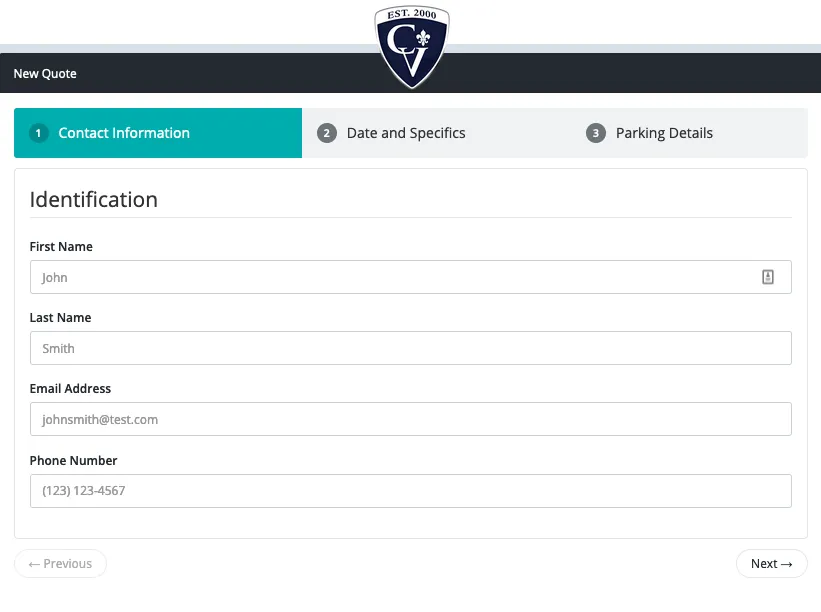 Screenshot of Valet Quoting System